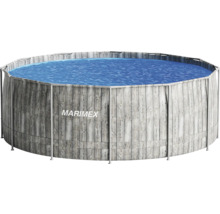 Piscine tubulaire ronde Marimex avec paroi extérieure aspect bois gris et liner bleu pour le jardin.
