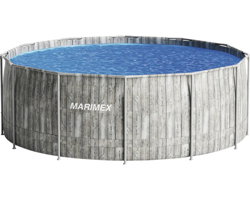Piscine tubulaire ronde Marimex avec paroi extérieure aspect bois gris et liner bleu pour le jardin.