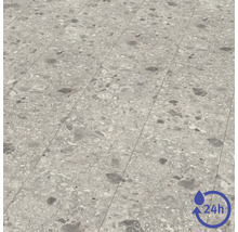 Revêtement de sol aspect pierre avec motif terrazzo dans les tons gris et symbole de protection contre l'eau pendant vingt-quatre heures.