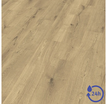 Revêtement de sol stratifié aspect bois, résistant à l'eau pendant 24 heures.