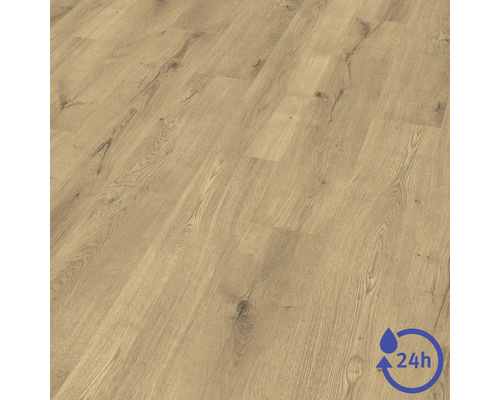 Revêtement de sol stratifié aspect bois, résistant à l'eau pendant 24 heures.
