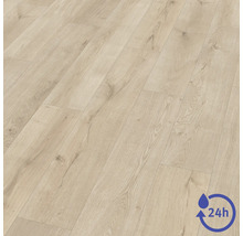 Revêtement de sol stratifié aspect chêne avec protection contre l eau pendant 24 heures.