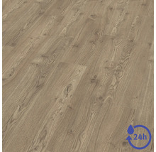 Sol stratifié aspect chêne avec veinage et nœuds et symbole de protection contre l eau durant 24 heures.