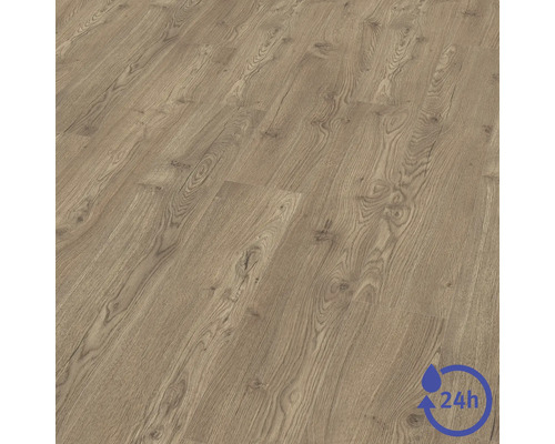 Sol stratifié aspect chêne avec veinage et nœuds et symbole de protection contre l eau durant 24 heures.