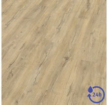 Revêtement de sol stratifié aspect chêne clair avec veinage. Résistant à l'eau jusqu'à 24 heures.