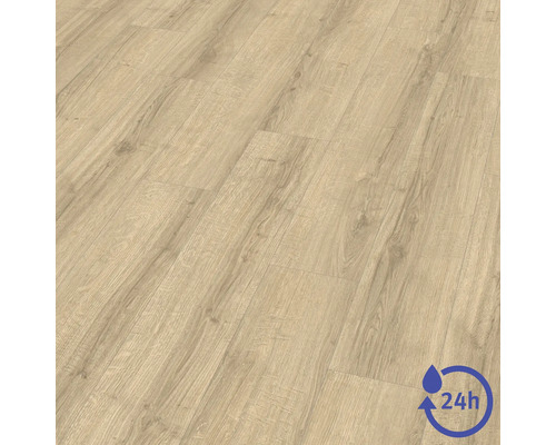 Sol stratifié aspect chêne, 24 heures de résistance à l'eau.