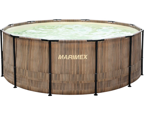 Marimex Aufstellpool in Holzoptik mit schwarzem Metallrahmen, gefüllt mit Wasser.