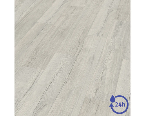 Revêtement de sol stratifié aspect bois avec une résistance à l'eau de 24 heures.