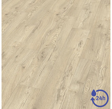 Revêtement de sol stratifié aspect bois clair avec veines et nœuds. Marquage pour 24 heures de résistance à l'eau.
