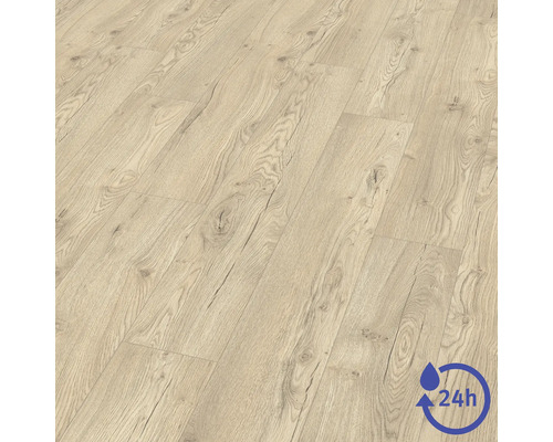 Revêtement de sol stratifié aspect bois clair avec veines et nœuds. Marquage pour 24 heures de résistance à l'eau.