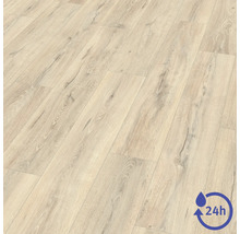 Revêtement de sol stratifié aspect chêne clair avec protection contre l'eau pendant 24 heures.