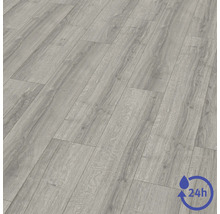 Revêtement de sol stratifié aspect bois gris avec protection contre l'eau pendant 24 heures.