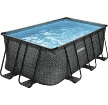 Rechteckiger Marimex Aufstellpool in grauer Rattan-Optik mit Metallrahmen und blauem Mosaik-Innenfutter, mit Wasser gefüllt. Marimex Logo.