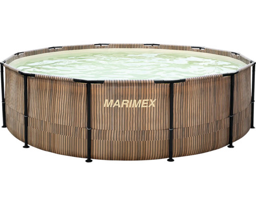 Marimex Rundpool mat Kader an Baussenwand an Holzoptik, gefëllt mat Waasser.