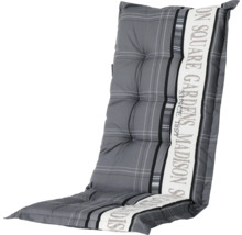 Coussin pour fauteuil à dossier haut Madison avec motif à carreaux et impression de texte verticale.