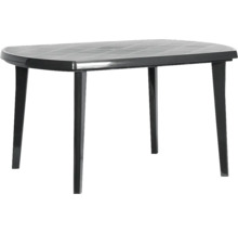 Table de jardin ovale en plastique noir avec motif à carreaux sur le plateau.