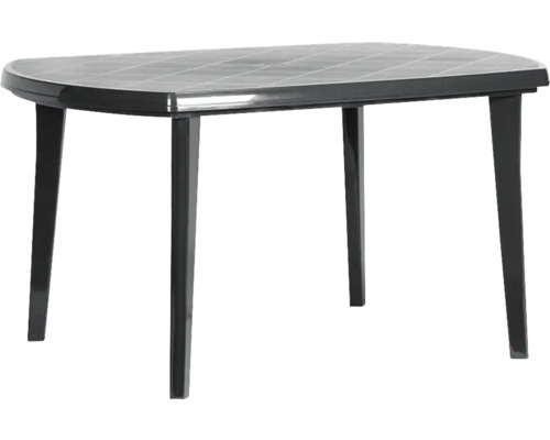 Table de jardin ovale en plastique noir avec motif à carreaux sur le plateau.