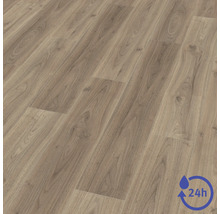 Revêtement de sol stratifié aspect bois avec veinage naturel et nœuds ainsi qu un symbole pour une protection contre l eau de 24 heures