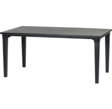 Table de jardin rectangulaire en plastique noir avec quatre pieds.