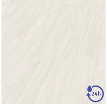 Sol stratifié aspect bois clair avec symbole de résistance à l'eau pendant 24 heures.