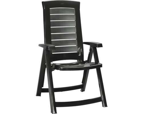 Chaise de jardin pliante noire en plastique avec dossier haut et accoudoirs Jardin.