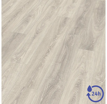 Sol stratifié aspect bois avec résistance à l'eau de vingt-quatre heures.