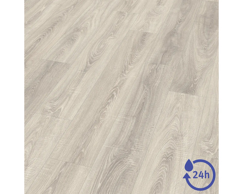 Sol stratifié aspect bois avec résistance à l'eau de vingt-quatre heures.