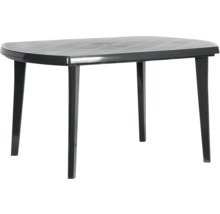 Table de jardin ovale en plastique anthracite avec quatre pieds et plateau structuré.