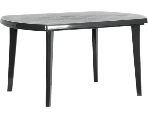 Table de jardin ovale en plastique anthracite avec quatre pieds et plateau structuré.