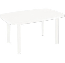 Table de jardin rectangulaire en plastique avec coins arrondis et quatre pieds.