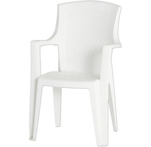 Chaise de jardin empilable en plastique avec accoudoirs et dossier à motif tressé.