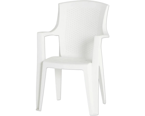 Chaise de jardin empilable en plastique avec accoudoirs et dossier à motif tressé.