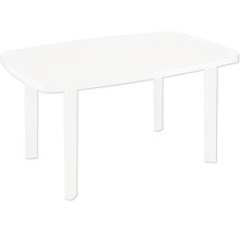 Table de jardin rectangulaire en plastique blanc avec quatre pieds.