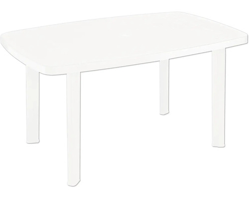 Table de jardin rectangulaire en plastique blanc avec quatre pieds.