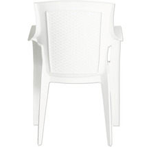 Chaise de jardin blanche en plastique avec accoudoirs et dossier aspect rotin tressé, vue de dos.