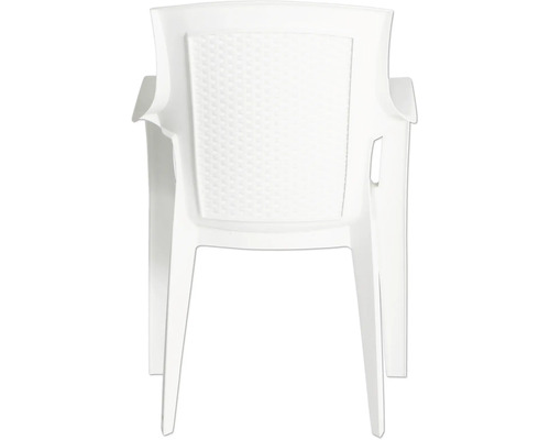 Chaise de jardin blanche en plastique avec accoudoirs et dossier aspect rotin tressé, vue de dos.
