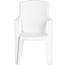 Chaise de jardin blanche empilable en plastique avec accoudoirs et dossier structuré.