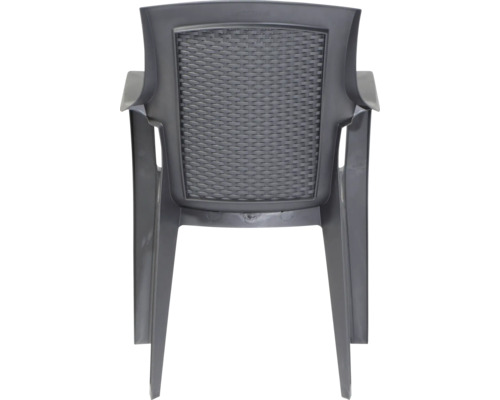 Chaise de jardin grise en plastique avec accoudoirs et dossier aspect tressé, vue arrière.