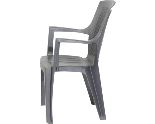 Chaise de jardin en plastique avec accoudoirs, anthracite, assise à lattes et dossier avec structure tressée.