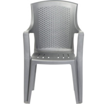 Chaise de jardin empilable en plastique avec accoudoirs et dossier à l'aspect tressé, gris.
