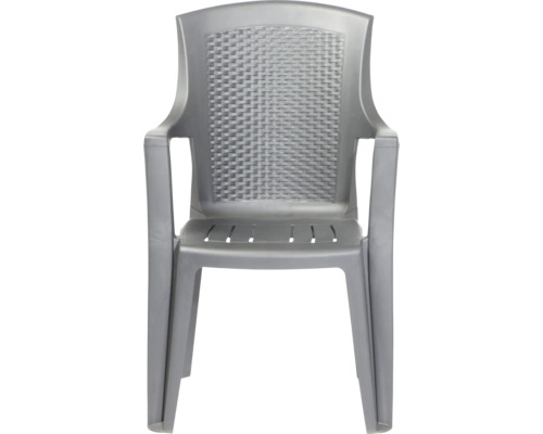 Chaise de jardin empilable en plastique avec accoudoirs et dossier à l'aspect tressé, gris.