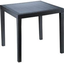 Table de jardin carrée anthracite en plastique aspect rotin avec plateau lisse.