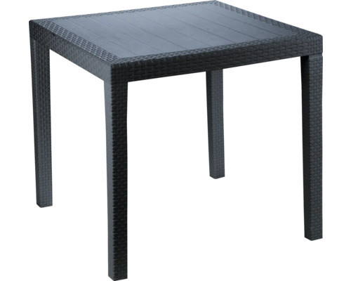 Table de jardin carrée anthracite en plastique aspect rotin avec plateau lisse.