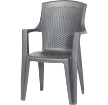Chaise de jardin empilable en plastique anthracite avec accoudoirs et dossier aspect rotin.