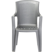 Chaise de jardin en plastique gris avec dossier aspect tressé et accoudoirs.