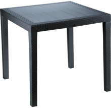 Table de jardin carrée en plastique aspect rotin anthracite avec un plateau de table lisse.