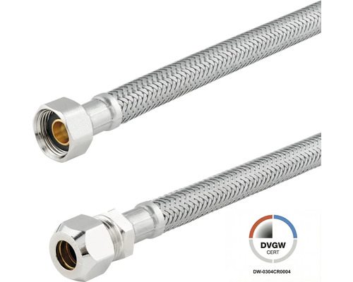 Flexible de raccordement en tresse d acier inoxydable avec écrou tournant et raccord à compression, certifié DVGW.