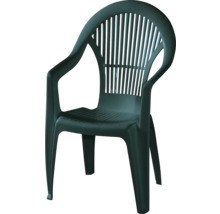 Chaise de jardin empilable en plastique vert foncé avec accoudoirs et dossier haut.