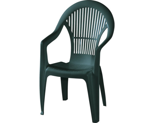 Chaise de jardin empilable en plastique vert foncé avec accoudoirs et dossier haut.