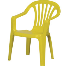 Chaise de jardin jaune pour enfants en plastique avec accoudoirs.